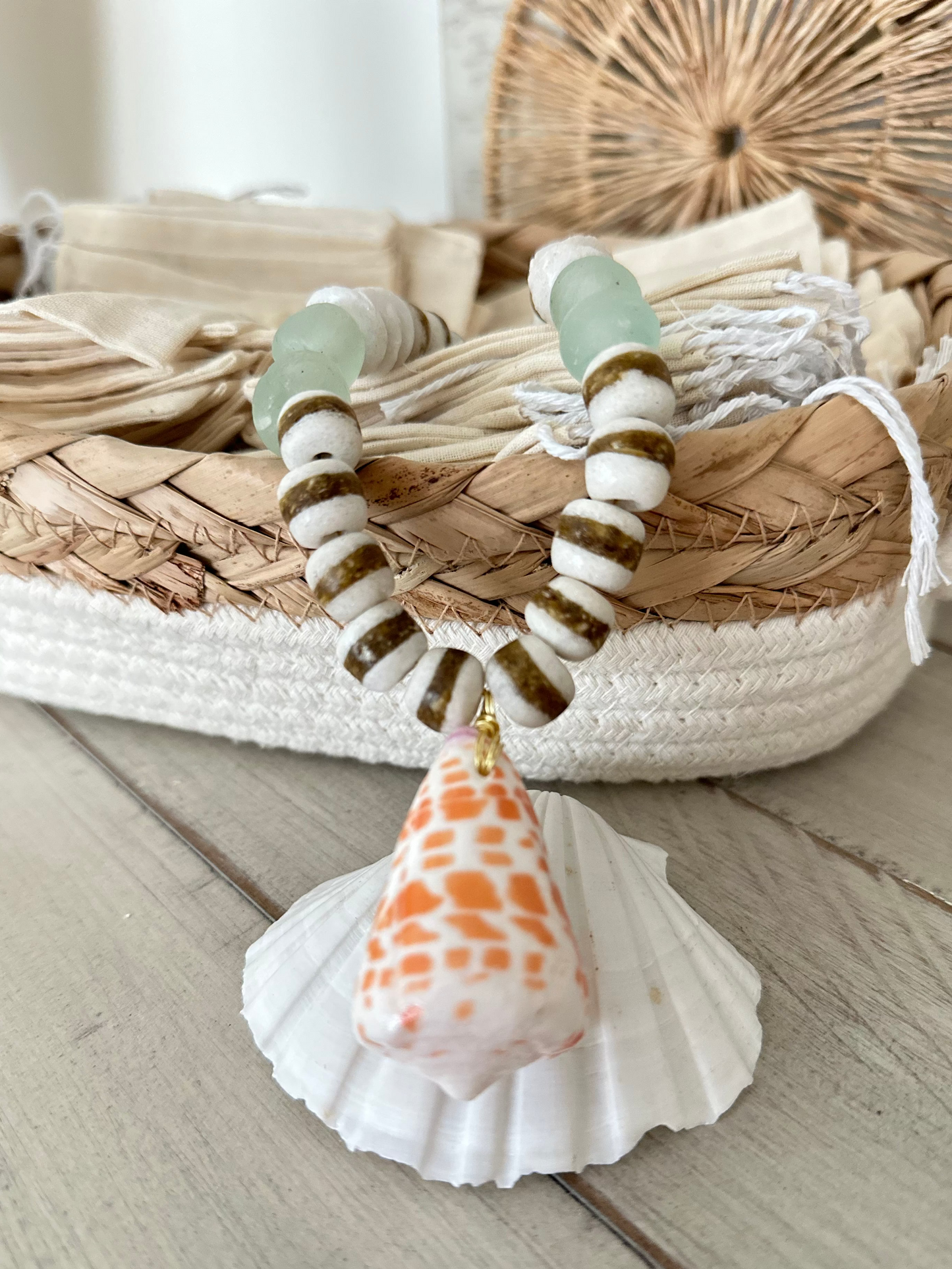 Washed Ashore Long Hebrew Cone + Sea-glass Necklace