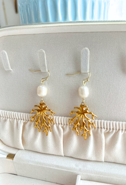 Golden Coral + Pearl Statement Earrings