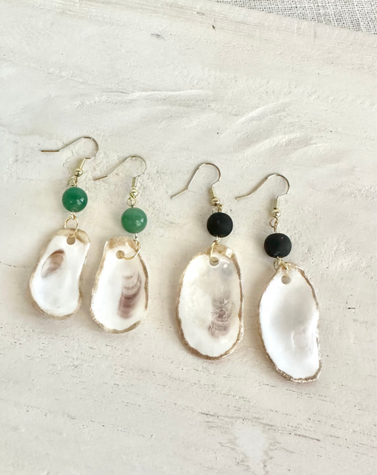 Oyster Shell + Gemstone Earrings (Black + Emerald)