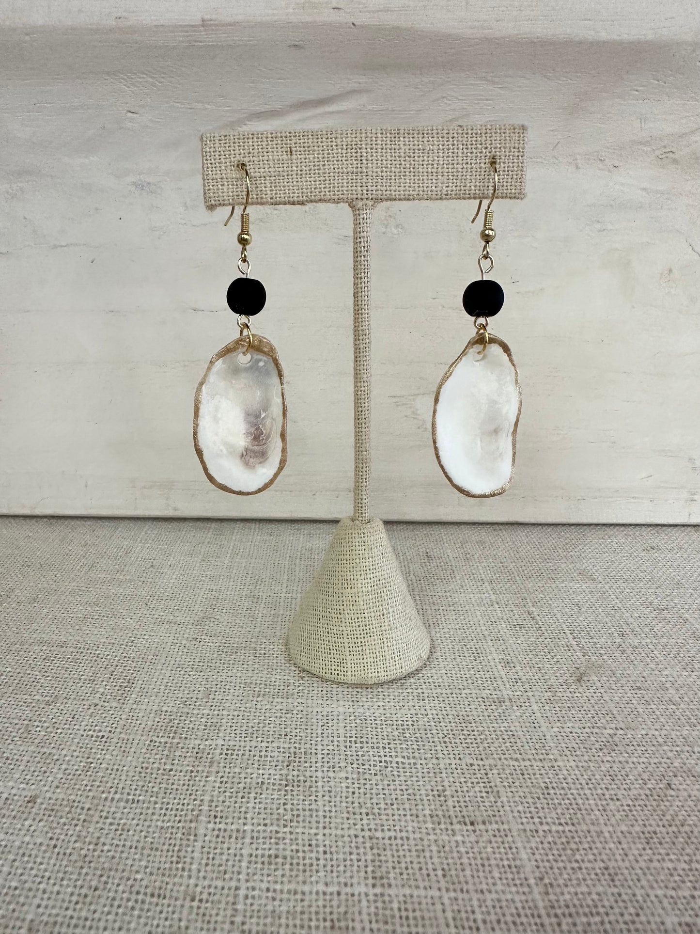 Oyster Shell + Gemstone Earrings (Black + Emerald)