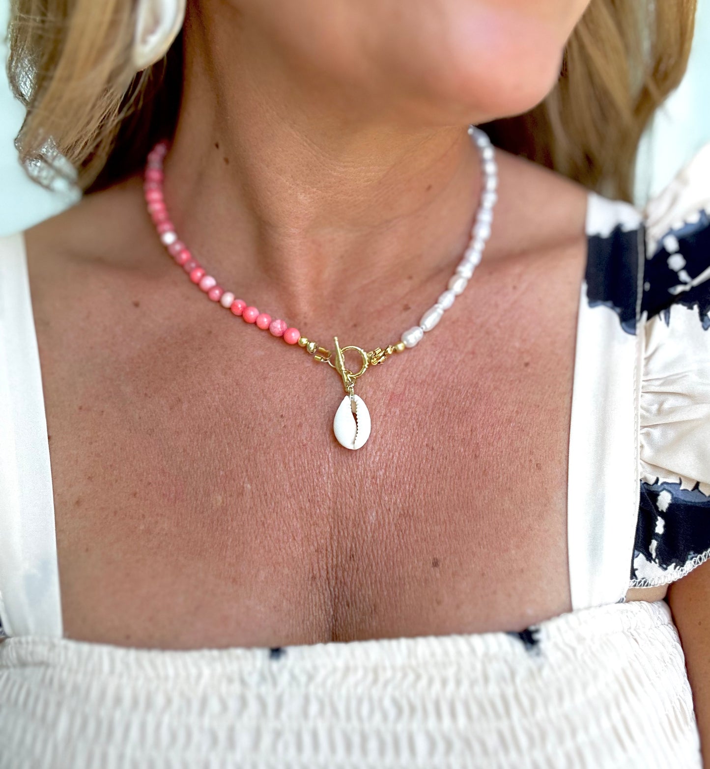 Coral + Pearl Toggle Necklace