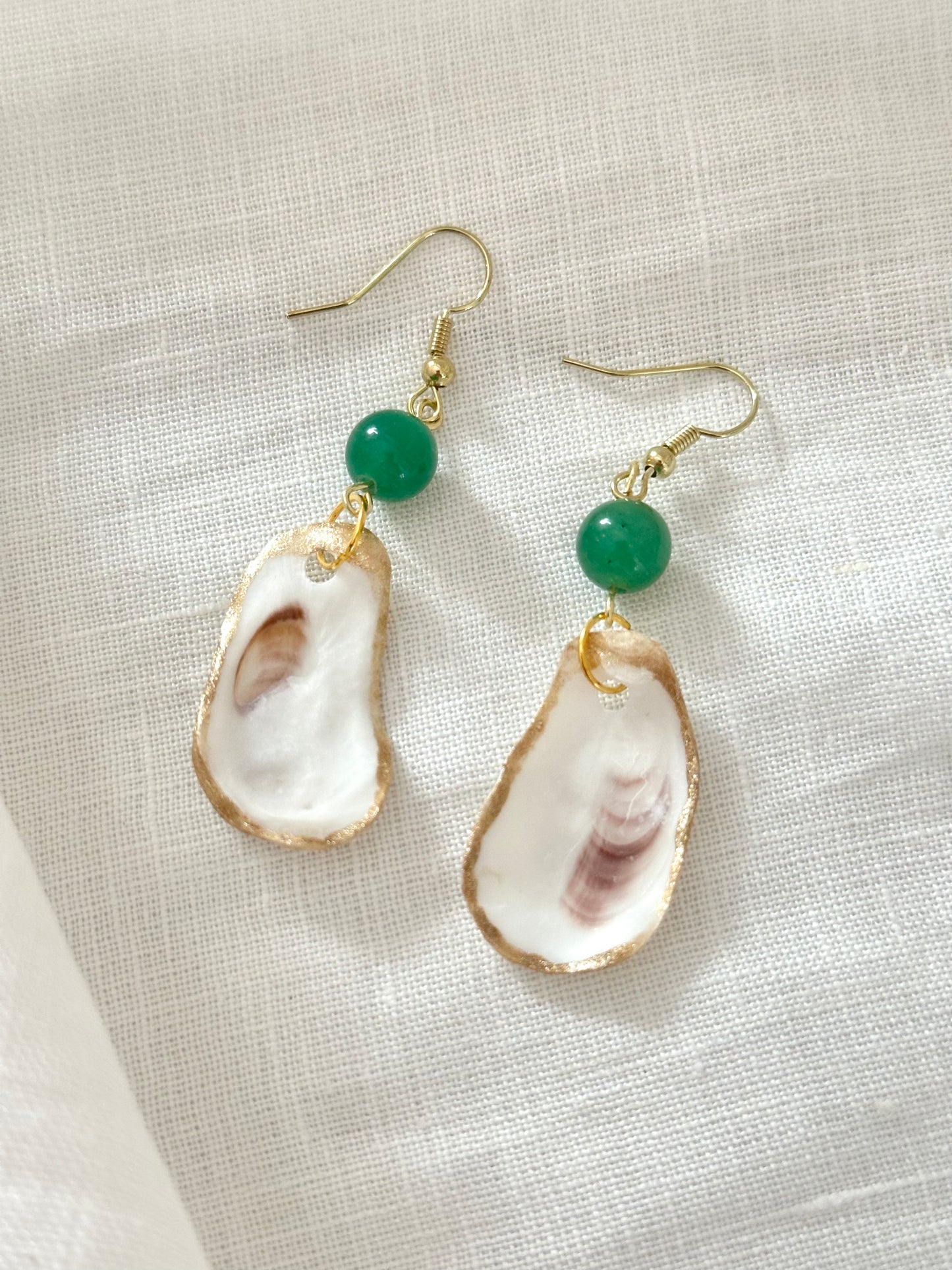 Oyster Shell + Gemstone Earrings (Black + Emerald)