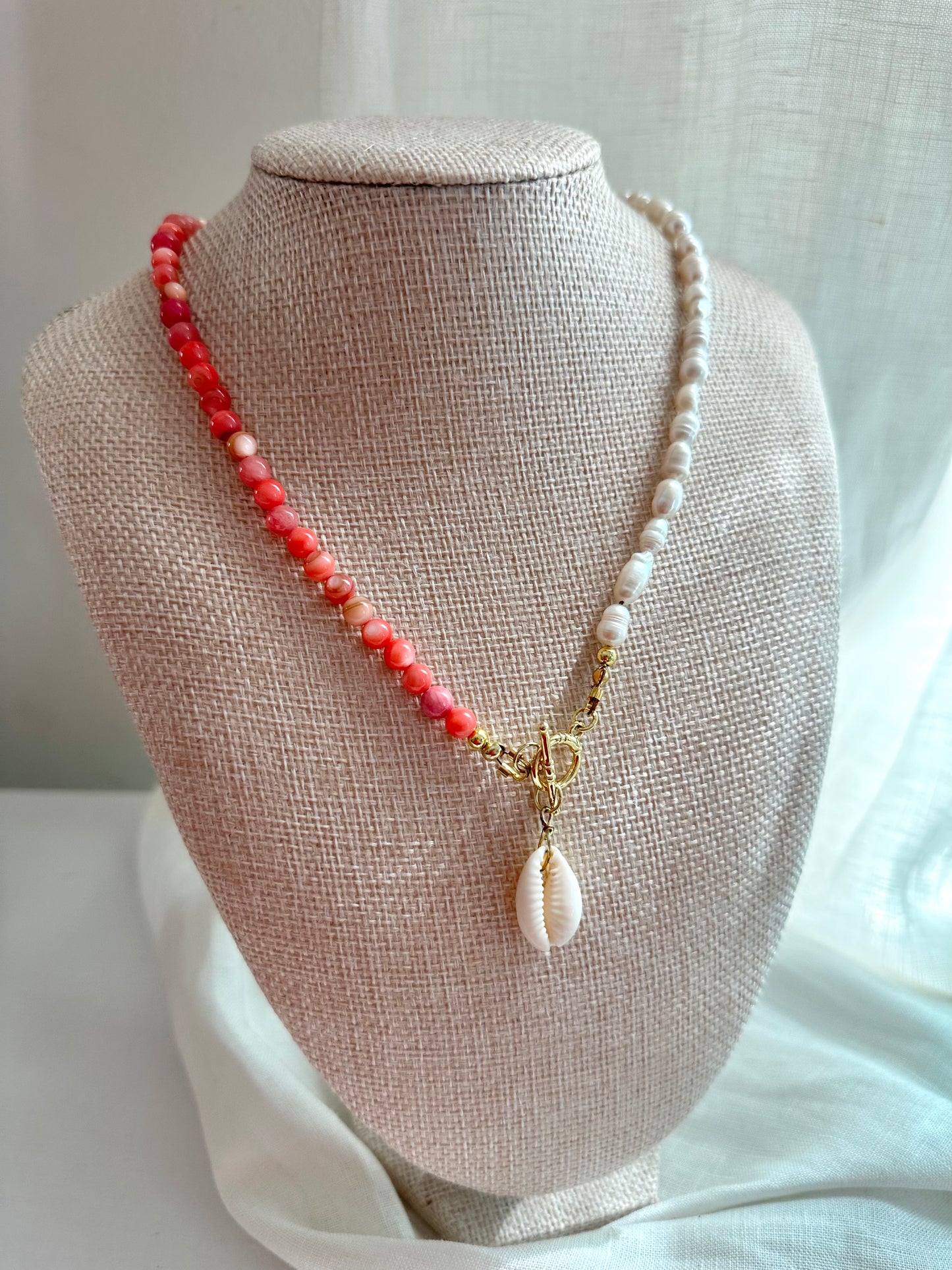 Coral + Pearl Toggle Necklace