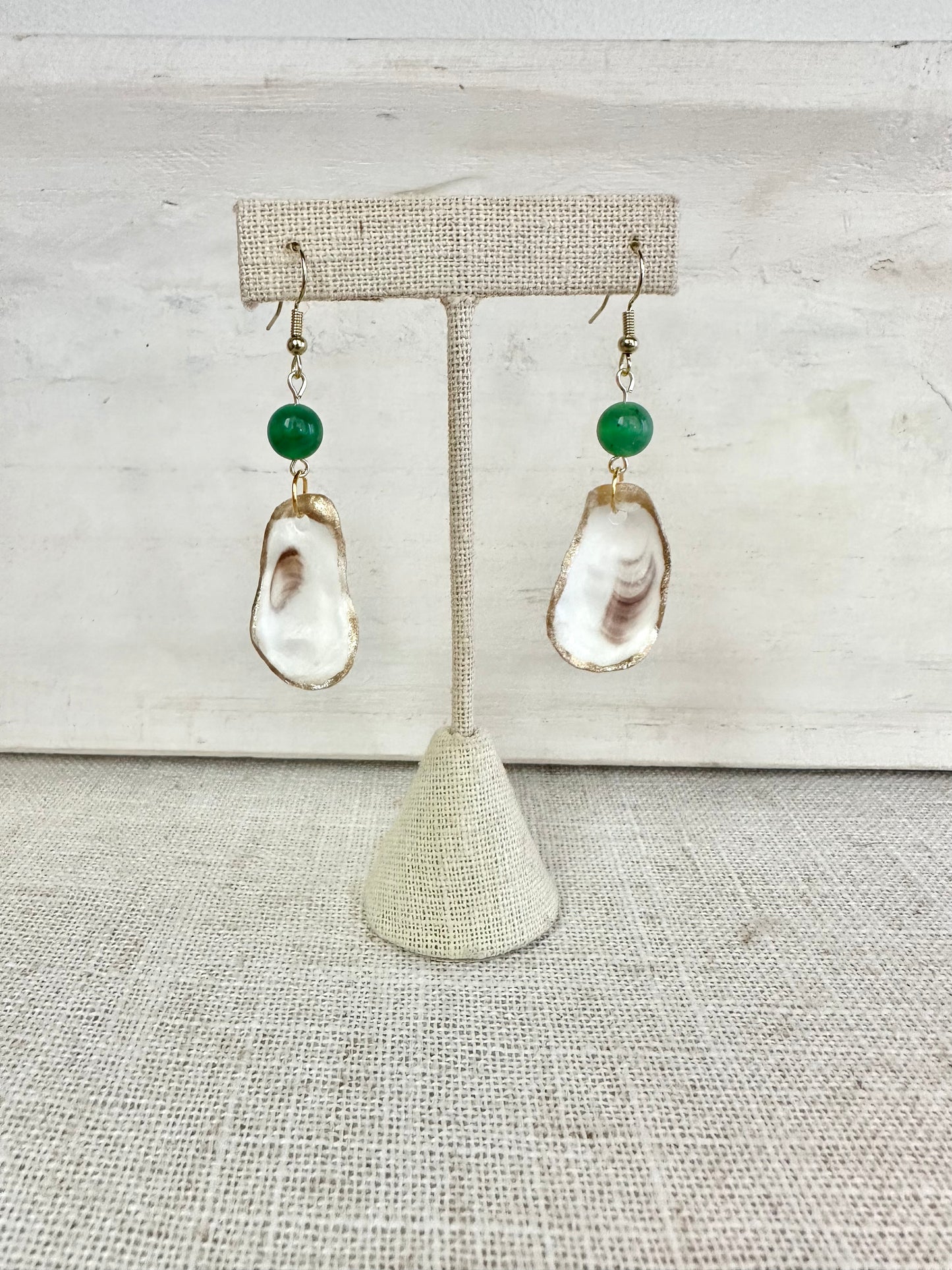 Oyster Shell + Gemstone Earrings (Black + Emerald)