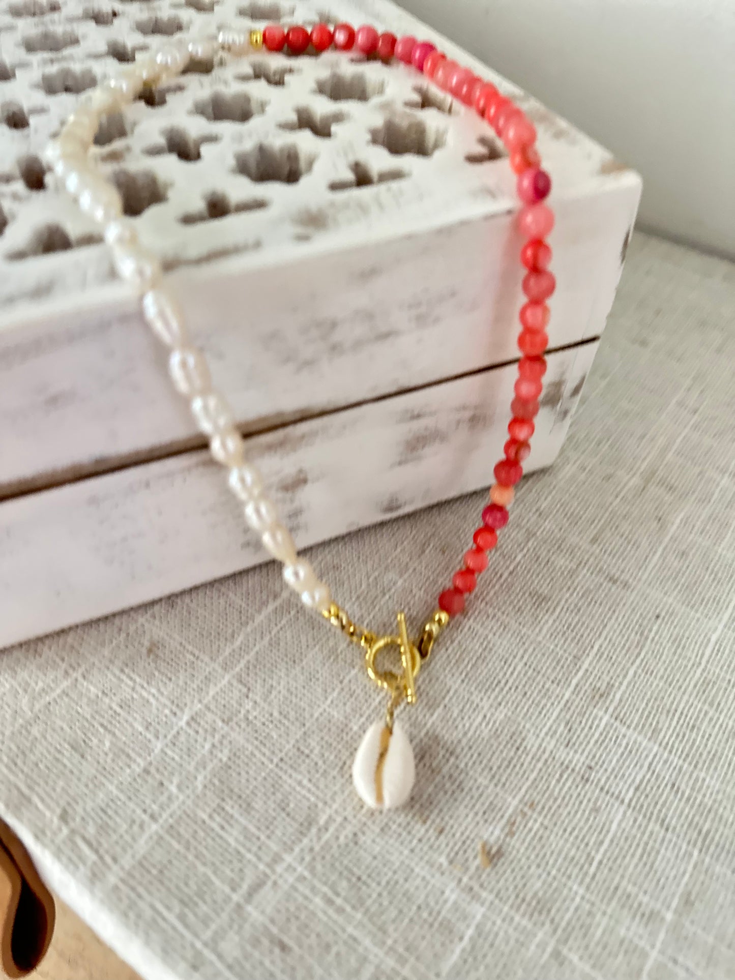 Coral + Pearl Toggle Necklace