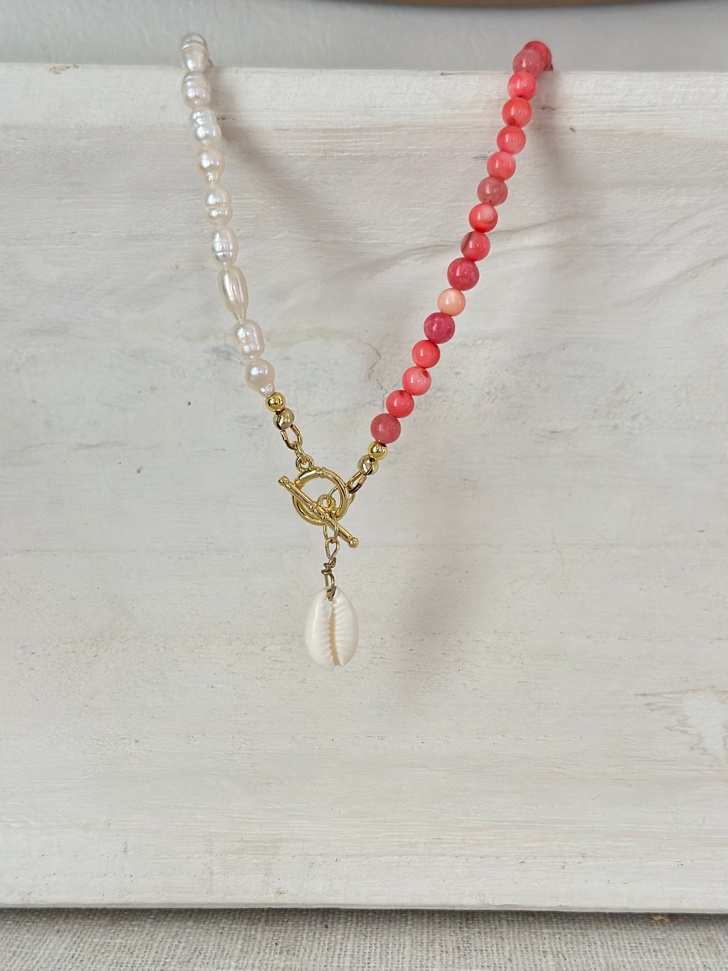 Coral + Pearl Toggle Necklace