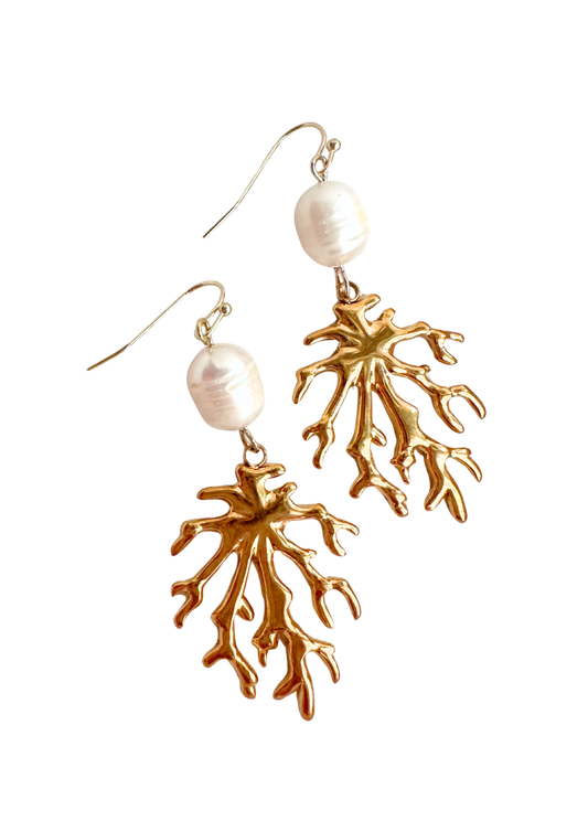 Golden Coral + Pearl Statement Earrings