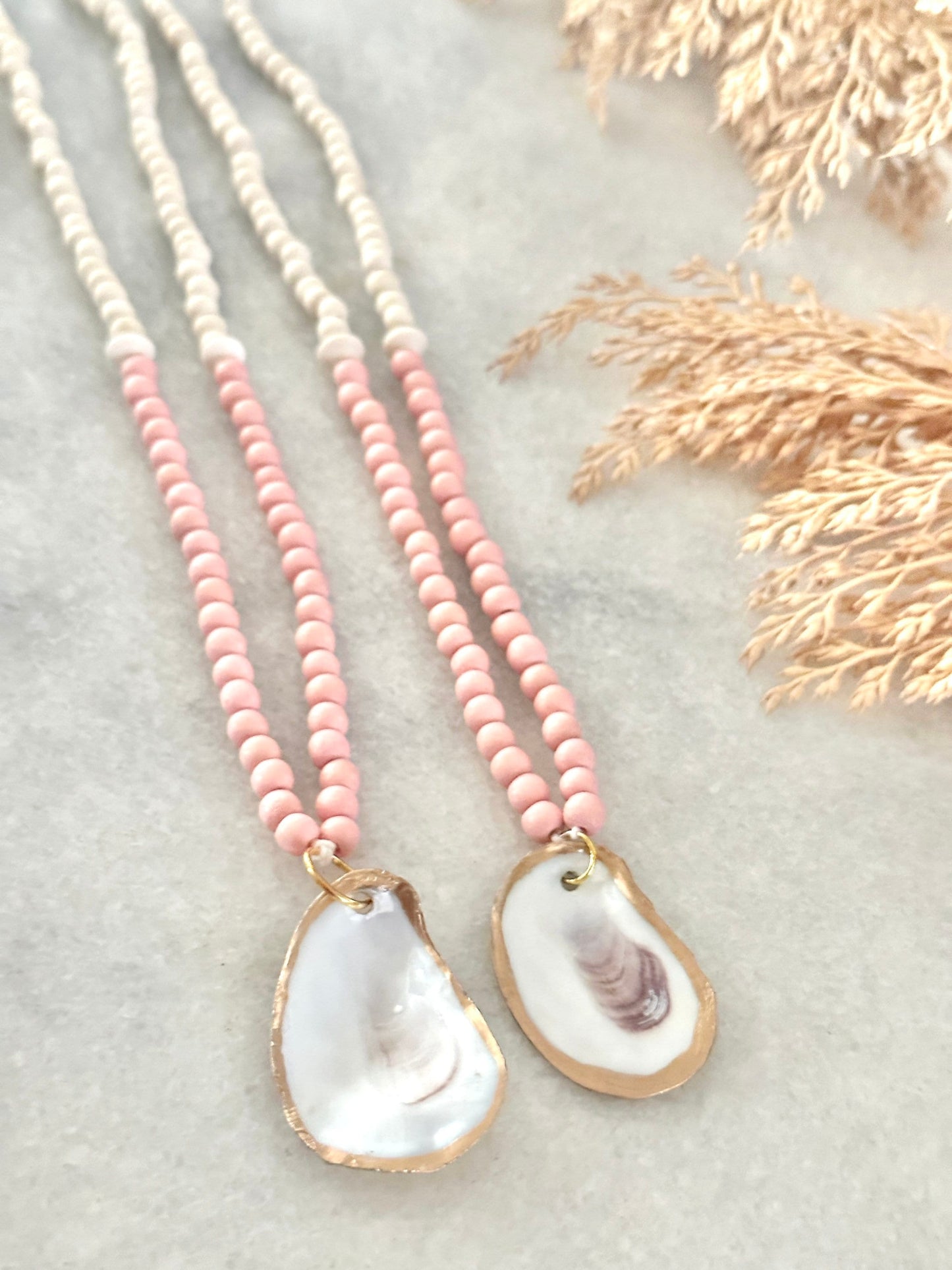 Soft Pink Beaded Oyster Shell Necklace